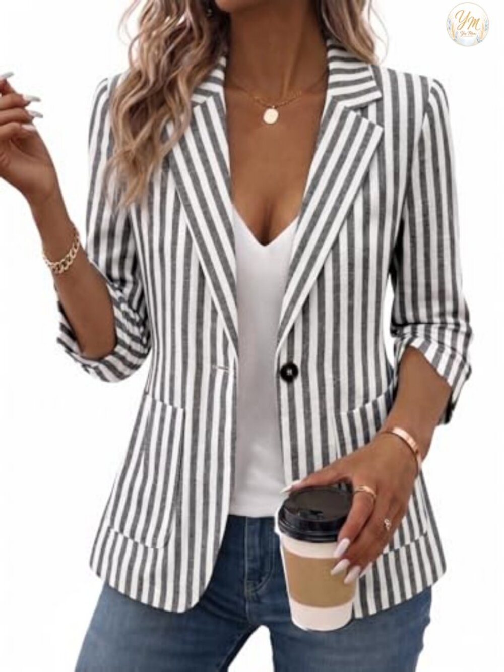 Linen Blend Blazer Womens Fitted 3/4 Ruched Sleeve Business Casual Work Jacket
